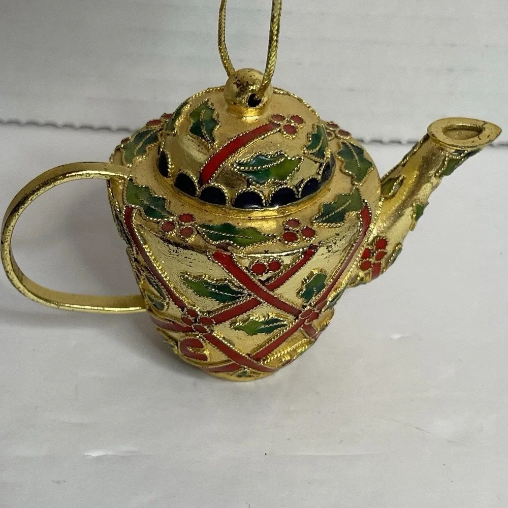 Floral Cloisonne Teapot Christmas Ornament Enamel Green Red Gold Vintage